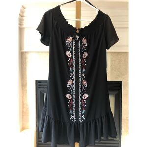 Love Fire Women’s Boho Black Ruffle Bottom Floral Embroidered Short Sleeve Dress